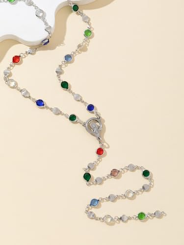 Colorful Crystal Long Necklace for Women Dainty Boho Y-Shaped Color Bead Necklaces Sparkly Rhinestone Pendant Layered Gold Long Chain Choker Good Luck Trend Jewelry Gift Jewelry - color: Head-Silver