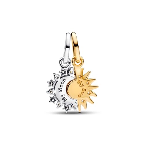 PANDORA Splittable Sun & Moon Dangle Charm | Sterling Silver, 14k Gold Plating & Cubic Zirconia, Compatible with PANDORA Moments & ME, Jewelry for Women with Gift Box