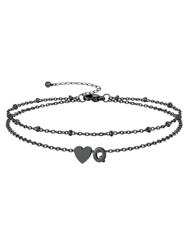 Ankle Bracelets for Women Waterproof 14K Gold/Silver/Black Initial Anklet for Women Dainty Layered Heart Ankle Bracelets Stainless Steel Adjustable Foot Chain Anklet Summer Beach Jewelry - color: Q-Black
