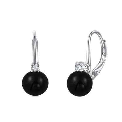 TIGER RIDER Pearl Earrings 925 Sterling Silver Leverback Hypoallergenic Drop Earring Jewelry for Women Birthday Gifts - style: Black Onyx
