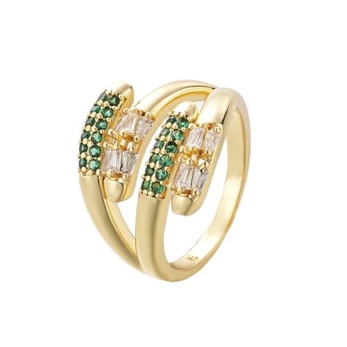 Adjustable 18K Gold Plated Open Bands Engagement Promise Ring for Women,Fashion Wrap Finger Cubic Zirconia Statement Cocktail Jewelry Gift (Green) - color: green