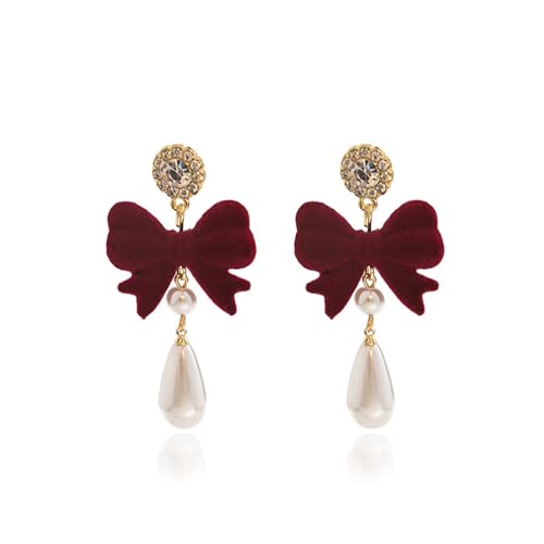 Pearl Bow Earrings for Women Coquette Aesthetic Jewelry Rhinestone Bow Earrings for Bridesmaids Wedding Party Accessories Bridal Costume Accents Bowknot Themed Gifts - color: H1: Red Bow Pearl Earrings