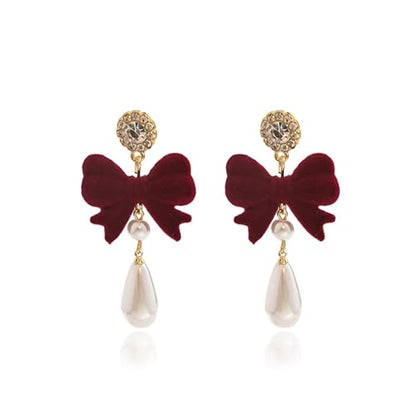 Pearl Bow Earrings for Women Coquette Aesthetic Jewelry Rhinestone Bow Earrings for Bridesmaids Wedding Party Accessories Bridal Costume Accents Bowknot Themed Gifts - color: H1: Red Bow Pearl Earrings