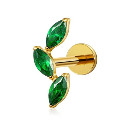 FINE4U 16G CZ Cluster Climber Cartilage Earring for Helix, Tragus - ASTM F136 Titanium Triple Marquise Labret Stud, Screw on Nickel Free Flat Back Jewelry - color: Triple Marquise - Green CZ - Gold