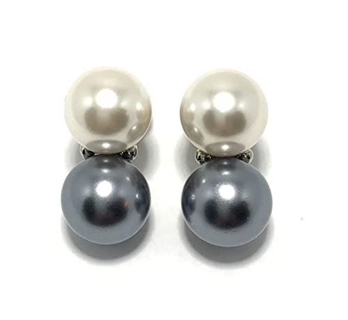14mm Double Pearl Earring with 2 Crystal Accents, Gold or Silver Setting. Pierced or Clip - color: Grey/Gold/Pierced