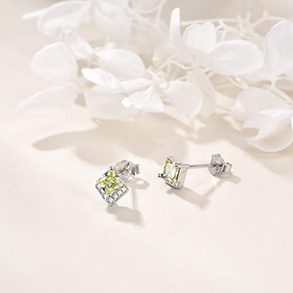 Birthstone Stud Earrings Sterling Silver Square Created Crystal Earrings Cubic Zirconia Hypoallergenic Piercing Jewelry Small Gifts for Women Mothers - color: Aug-Peridot