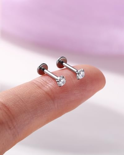 2PCS 20G/18G/16G Titanium Flat Back Nose Studs Internally Thread Cartilage Earring Studs Clear CZ Helix Tragus Earrings for Women Medusa Labret Stud Conch Piercing Jewelry Hypoallergenic - size: 1.2*8mm