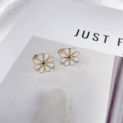 Cute Daisy Flower Ear Cuff Earring Cartilage Clip On Non Piercing Lovely Sweet 14K Gold Plated White/Pink Enamel Floral Fake Huggie Hoops Earrings for Women Hypoallergenic Fashion Trendy Jewelry Gifts 14*15mm - color: White