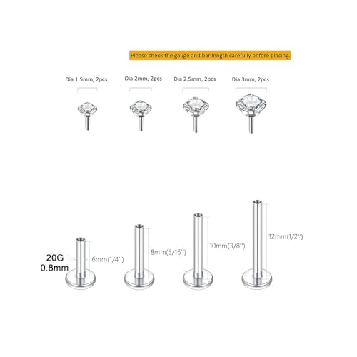 Oveta Threadless Push in Lip Rings 16G/18G/20G Labret Jewelry CZ Lip Studs Stainless Steel Cartilage Earrings for Women Monroe Medusa Piercing Jewelry 6/7/8/10/12mm Bar Length - color: Silver, size: 20G*6/8/10/12mm bar