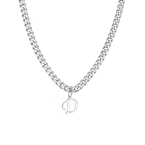 Stainless Steel Initial A-Z Necklace for Men Women,Cuban Chain,Titanium Steel Initial Letter Pendant Charm Necklaces Accessories Jewelry for Woman Man,21 Inch Chain - color: D