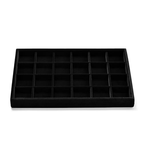Black Velvet 24 Grid Divided Jewelry Display Organizer Tray | Soft black velvet 24-grid divided tray with sturdy base, stackable storage for small jewelry, home vanity & retail display - size: 24 Grid