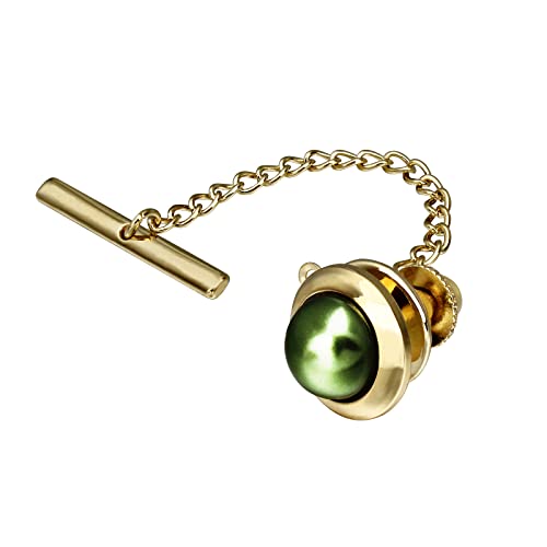 AMITER Crystal/Pearl Tie Tack with Chain, Gold Mens Tie Pin Necktie Pins Lapel Pin for Wedding Birthday Anniversary Party - color: 24k Gold+Green Imitation Pearl