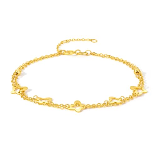 ZHOU LIU FU 18K Yellow Gold Charm Bracelet Hollow Heart Star Butterfly Charms Delicate Double Chain Bracelets Adjustable Cute Jewelry for Women Her Mom Daughter Birthday Anniversary 16+3cm/6.3-7.5" - style: Butterfly
