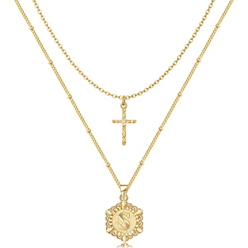 KELORIS PATH Gold Layered Initial Cross Necklace, 14K Gold Plated Layering Square Letter Pendant Figaro Chain Cross Choker from A-Z Capital Jewelry for Women Girls | 14K Gold Plated Square/Hexagon Letter Pendant with Figaro Chain, Stackable Jewelry Gifts,