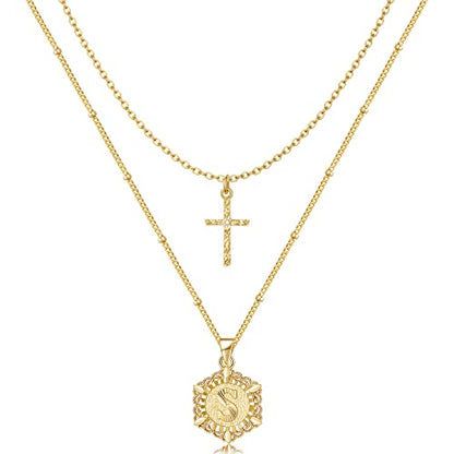 KELORIS PATH Gold Layered Initial Cross Necklace, 14K Gold Plated Layering Square Letter Pendant Figaro Chain Cross Choker from A-Z Capital Jewelry for Women Girls | 14K Gold Plated Square/Hexagon Letter Pendant with Figaro Chain, Stackable Jewelry Gifts,