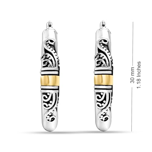 LeCalla 925 Sterling Silver Bali-Style Hoop Earrings Lightweight Click-Top Antique Two-Tone Beaded Italian Bali Style Earring Hoops for Women - style: Pear Bali-style