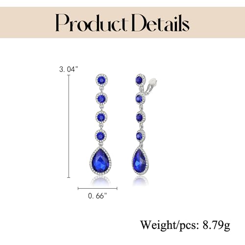 EleQueen Women's Wedding Crystal Teardrop Pear Shape 3 Inch Clip on Long Dangle Earrings for Bride Bridesmaid, Jewelry for Party Prom/Anniversary - color: Blue Silver-Tone