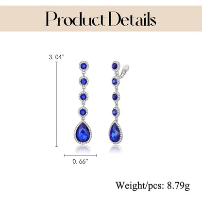 EleQueen Women's Wedding Crystal Teardrop Pear Shape 3 Inch Clip on Long Dangle Earrings for Bride Bridesmaid, Jewelry for Party Prom/Anniversary - color: Blue Silver-Tone