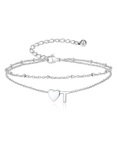 Suplight Initial Ankle Bracelets for Women 14K Gold Plate Waterproof No Tarnish Anklets Layered Heart Letter Anklet Adjustable Plus Size Foot Chain Summer Beach Boho Jewelry Silver Black 8.5-10 Inch - color: Silver, style: 20.T