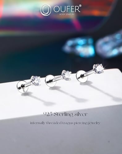 OUFER 925 Sterling Silver Flat Back Earrings, Clear CZ 16G Helix Piercing Jewelry, Silver Internally Threaded Cartilage Earrings Stud, Silver Lip Labret Rings for Women - color: Silver-3mm