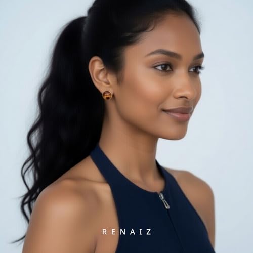 RENAIZ Bold Statement Hoop & Stud Earrings for Women – 14K Gold & Rhodium Plated Maximalist Jewelry, Chunky Geometric Boho Earrings, Hypoallergenic Non-Tarnish Trendy Gift - color: White Gold, style: Tiger Eye