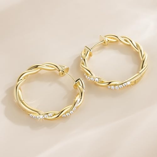 ENROSE Gold Hoop Earrings 14K Gold Earring for Women | Twisted Gold Hoop Earrings Minimalist Diamond Earring Jewelry 29mm*4mm - style: A-GD