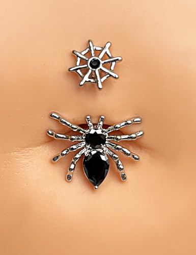 Belly Button Ring Dangle, Cross Belly Button Ring, Navel Piercing | 316L Surgical Steel, AAA+ Cubic Zirconia, Nickel-Free, Hypoallergenic, Multi-Style, 14 Gauge 10 mm Screw On Piercing Stud - style: Big Spider Black with a Net