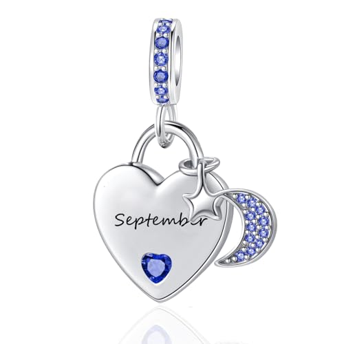 12 Months Birthstone Heart Charm Moon and Star Pendant Bead Compatible with Pandora Bracelet Women - style: September