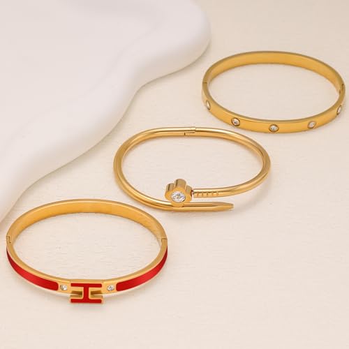 3Pcs Gold Bracelets for Women 14K Gold Plated Love/H/Nail Bangle Bracelet Dainty Non Tarnish Bracelet Jewelry Christmas Mothers Day Gifts for Women - color: 3Pcs Gold/Red H bracelet
