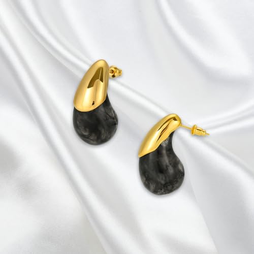 Chunky Resin Teardrop Earrings, 18K Gold Acrylic Resin Drop Hoops，Hypoallergenic Fashion Jewelry for Women,18K Gold Plated Resin Drop Earrings - color: Black