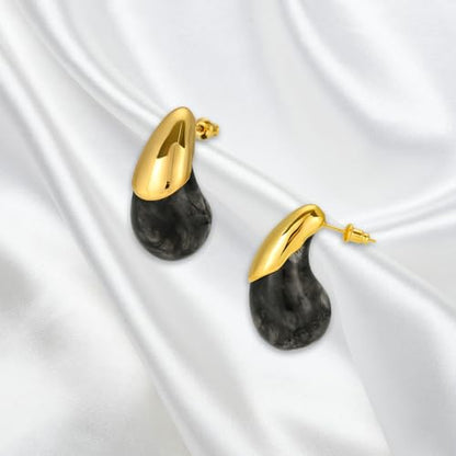 Chunky Resin Teardrop Earrings, 18K Gold Acrylic Resin Drop Hoops，Hypoallergenic Fashion Jewelry for Women,18K Gold Plated Resin Drop Earrings - color: Black