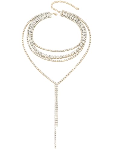 Layered Wedding Choker Rhinestone Necklace Sparkly Long Crystal Neck Chain for Women - color: Gold