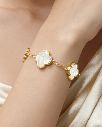 Four Leaf Clover Bracelet 18K Gold Plated Bracelets for Women Lucky Flower Design Stainless Steel Hypoallergenic Link Chain Adjustable Dainty Trendy Jewelry Gifts for Women - color: White