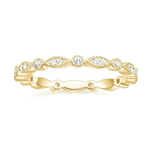 EAMTI 925 Sterling Silver Wedding Band for Women Cubic Zirconia Marquise & Round Milgrain Full Eternity Stackable Ring Size 3-13 - color: Brass-Gold