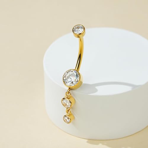 FINE4U Dangle Belly Button Rings 14G 10mm 12mm - ASTM F136 Implant Grade Real Titanium Belly Ring, Internally Threaded Hypoallergenic Navel Piercing Jewelry for Gift idea (Clear) - color: Bezel Set - Gold, size: 12mm - Gold