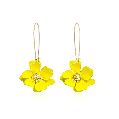 Bohemian Daisy Flower Matte Floral Long Petal Drop Dangle Earrings Layered Tiered for Women Chic Boho Wedding Jewelry - color: Yellow