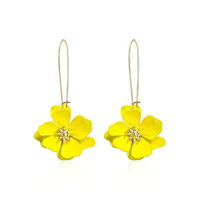 Bohemian Daisy Flower Matte Floral Long Petal Drop Dangle Earrings Layered Tiered for Women Chic Boho Wedding Jewelry - color: Yellow