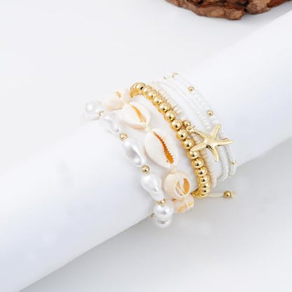 Summer Surfer Heishi Bracelet Set for Women Stackable Gold Plated Clay Ploymer Bead Stretch Pink Beach Layering Bracelets Jewelry - color: A-Starfish bracelet