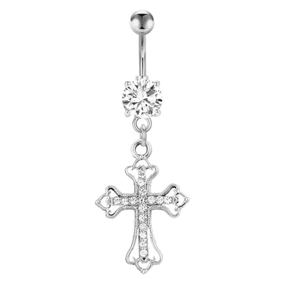 VERAMI 14G 316L Celtic Cross Belly Button Ring Surgical Steel Paved Gems Dangling Belly Button Ring Body Piercing Jewelry - color: Silver:C-6