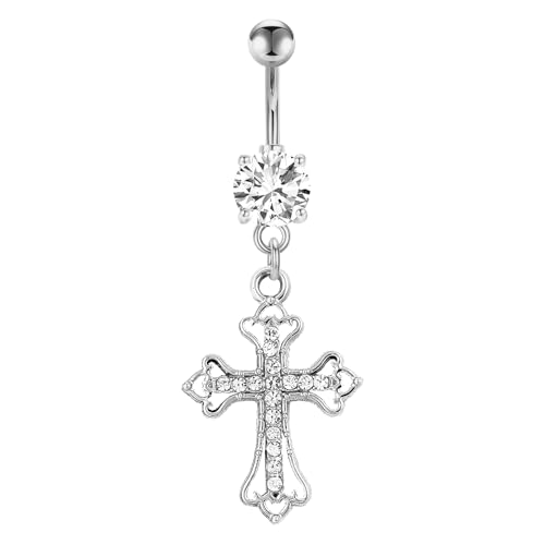 VERAMI 14G 316L Celtic Cross Belly Button Ring Surgical Steel Paved Gems Dangling Belly Button Ring Body Piercing Jewelry - color: Silver:C-6