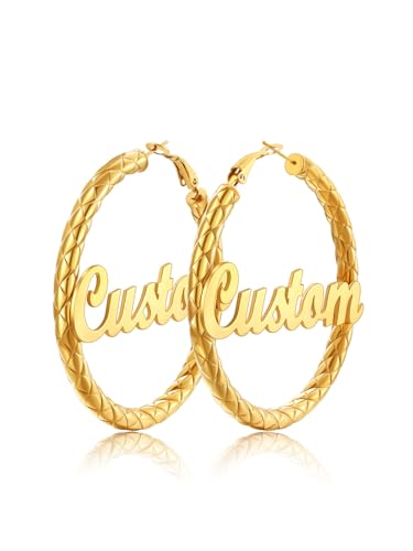 FindChic Chunky Hoop Earrings for Women, Silver/Black/14K Gold Plated Crossover Patterned Hollow Tube Rounded Loop Earrings, 30mm/40mm/60mm/80mm Hoops with Custom Name Options and Gift Box - color: f.Gold (Custom Name), size: 60MM