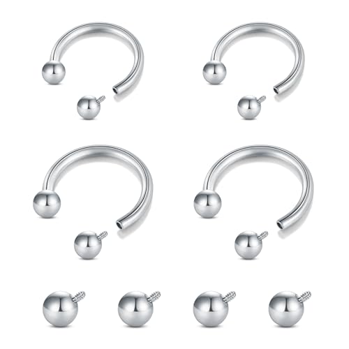 Longita Internally Threaded Septum Ring Silver Black Gold Septum Rings 16G Septum Piercing Surgical Steel Septum Jewelry Septum Nose Rings 16 Gauge Small Septum Ring Horseshoe with Replacement Balls - color: A3-silver-8+10mm