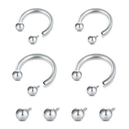 Longita Internally Threaded Septum Ring Silver Black Gold Septum Rings 16G Septum Piercing Surgical Steel Septum Jewelry Septum Nose Rings 16 Gauge Small Septum Ring Horseshoe with Replacement Balls - color: A3-silver-8+10mm