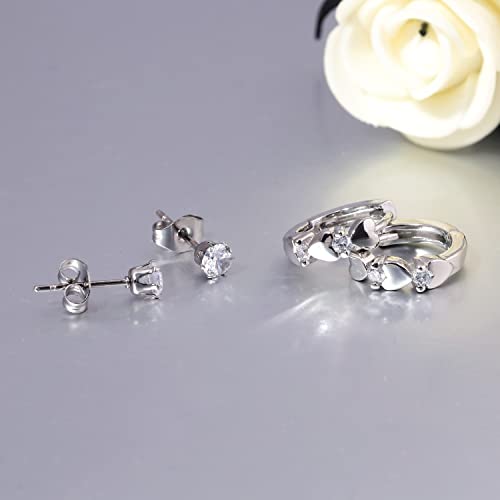 CiNily 14K White Gold Plated Small Hoop Earrings for Women Girls Heart Cubic Zirconia Hypoallergenic Earrings - color: Studs set-silver-white