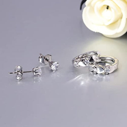 CiNily 14K White Gold Plated Small Hoop Earrings for Women Girls Heart Cubic Zirconia Hypoallergenic Earrings - color: Studs set-silver-white
