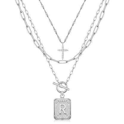 MJartoria Layered Initial Necklaces for Women Trendy, 14K Gold Plated Brass Simple Dainty Cross Choker Square Letter Pendant Necklace, Paperclip Chain Necklaces Jewelry - color: Silvery, style: R