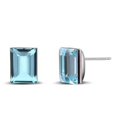 Rectangle Aquamarine Blue Crystal Sterling Silver Stud Earrings Sparkly Gemstone Dainty Fashion Jewelry for Women