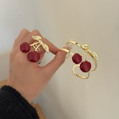 Cherry Charm Bracelet and Ring Set for Women, Gold Tone Adjustable Cuff Bangle Statement Cherry Rings Cute Fruit Jewelry Set Trendy Gift for Birthday Valentine’s Day