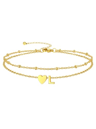 Silvora Ankle Bracelets for Women Waterproof 14K Gold/Silver/Black Initial Anklet for Women Dainty Layered Heart Ankle Bracelets Stainless Steel Adjustable Foot Chain Anklet Summer Beach Jewelry - color: L-Gold