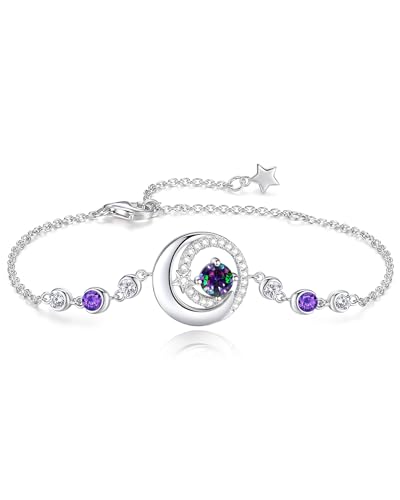FANCIME Birthstone Bracelets 925 Sterling Silver Moon and Star Bangle Charm Bracelet Fine Jewelry Anniversary Birthday Mothers Day Gifts for Mom Her Women, Adjustable Chain 6.7"+1.2" Extend - color: link-6-alexandrite